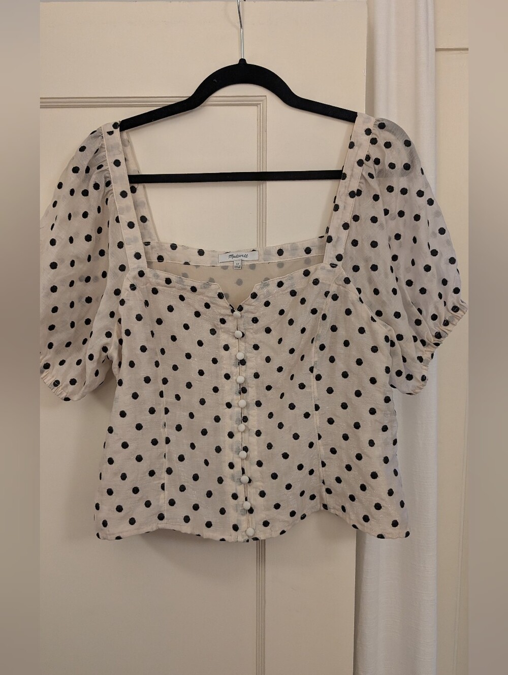 Madewell Polka Dot Puff Sleeve Button-Front Top - Cream/Black